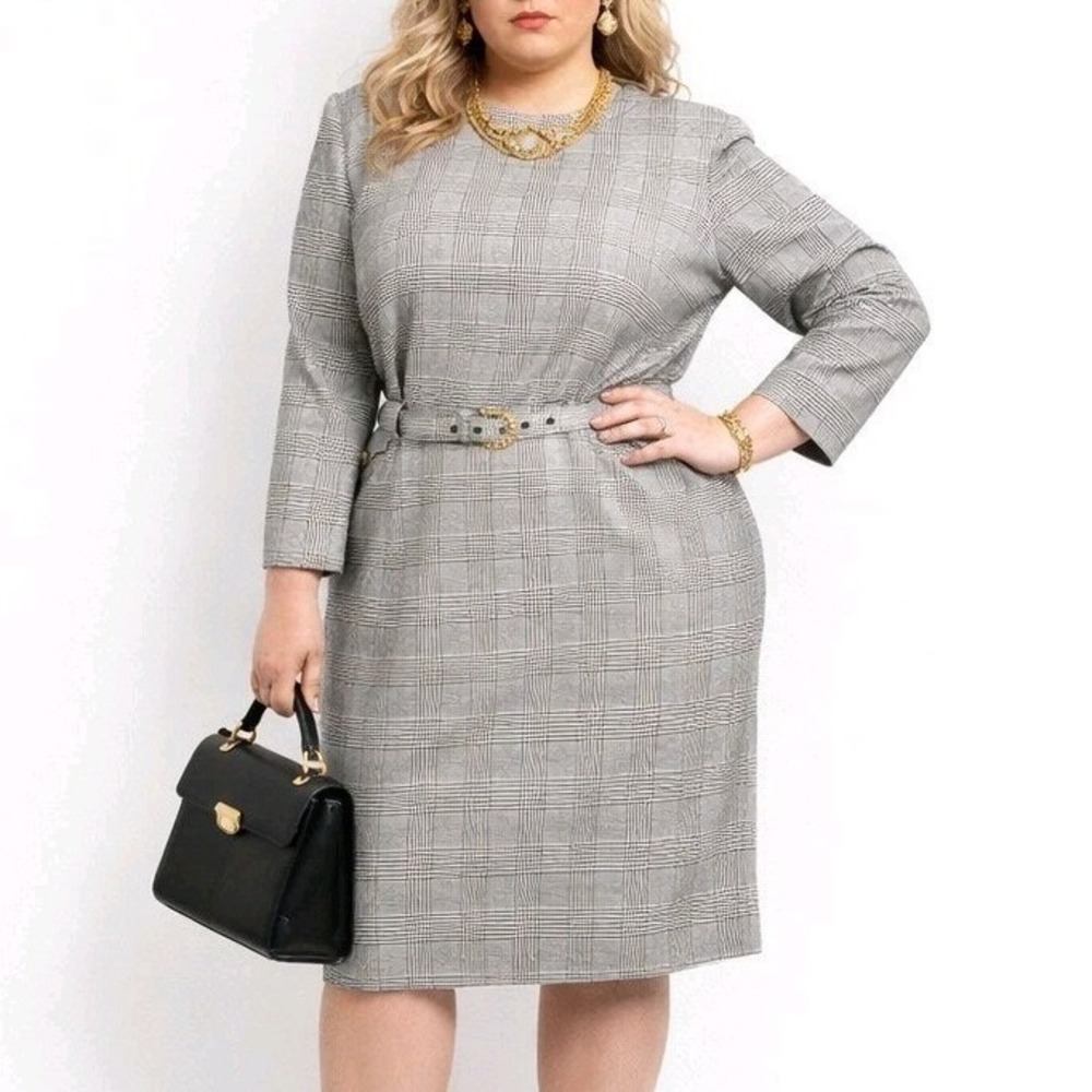 CLUES COLLECTIONS Size 12 USA Vintage‎ Belted Glen Check Plaid Midi Sheath Dress